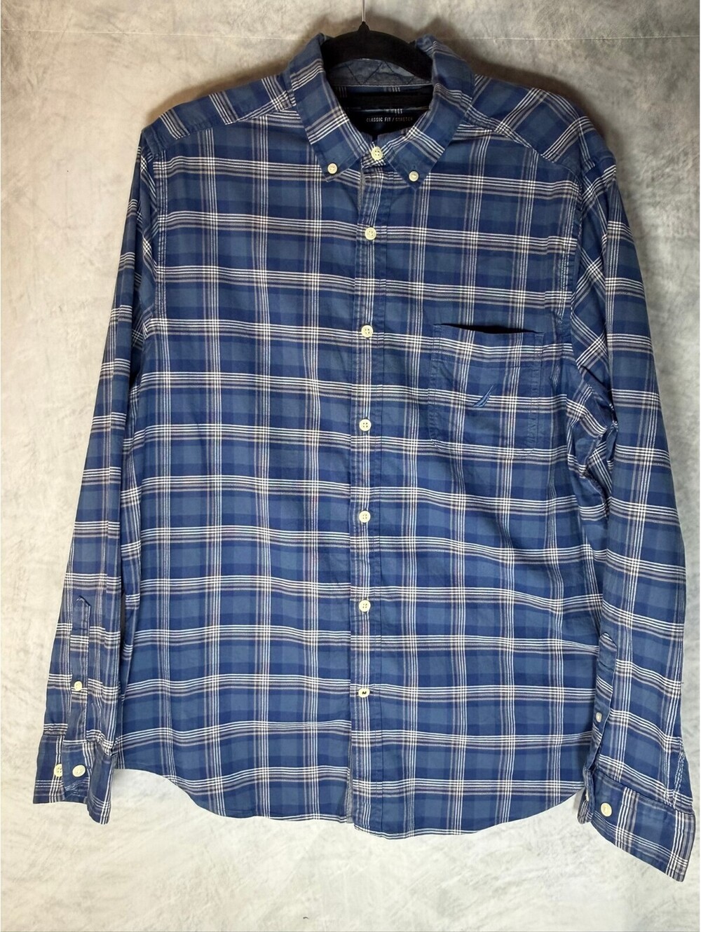 Nautica Men’s Large Plaid Button Down Shirt Blue Classic Fit Stretch Long Sleeve